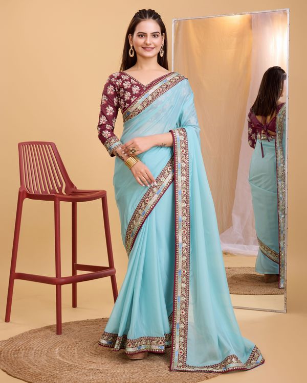Sky Blue Heavy Embroidery Work Lace & Blouse Organza Saree