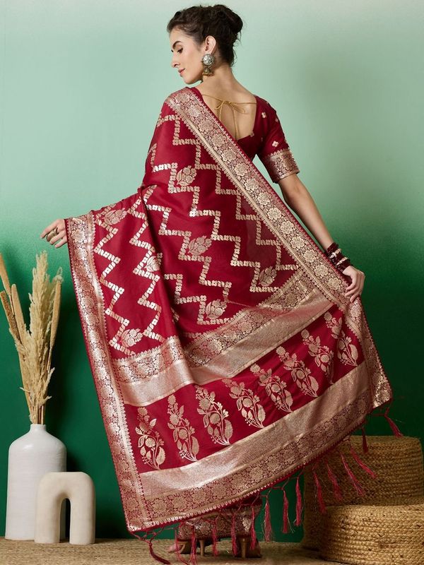 Maroon Wevon Designer Staple Dola Cotton Saree