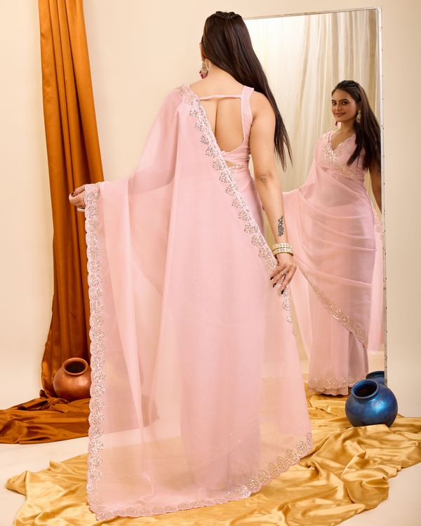 Peach Designer Sequance Embroidery Work Georgette Saree