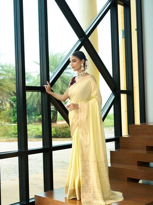 Lemon Crepe Woven Saree and Stitched Lemon Blouse