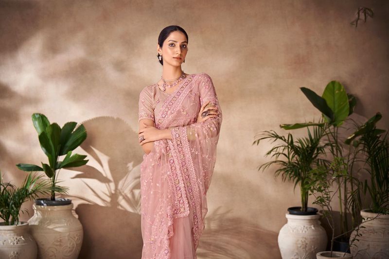 Peach Thread & Sequance Embroidery & Zarkan Work Net Saree