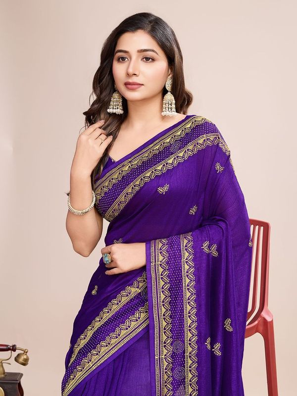 Wine Designer Embroidery Work Vichitra Silk Saree