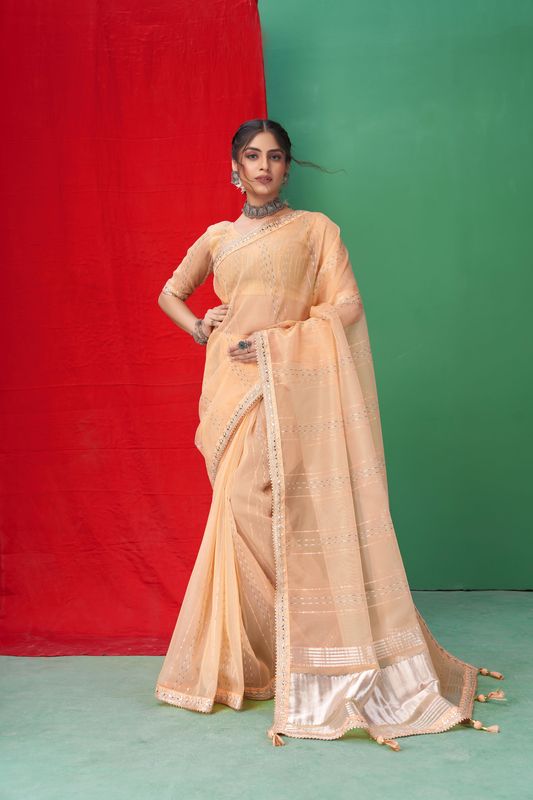 Orange Wevon Lining Designer & Coding & Sequance & Gota Patti Embroidery Work Organza Saree