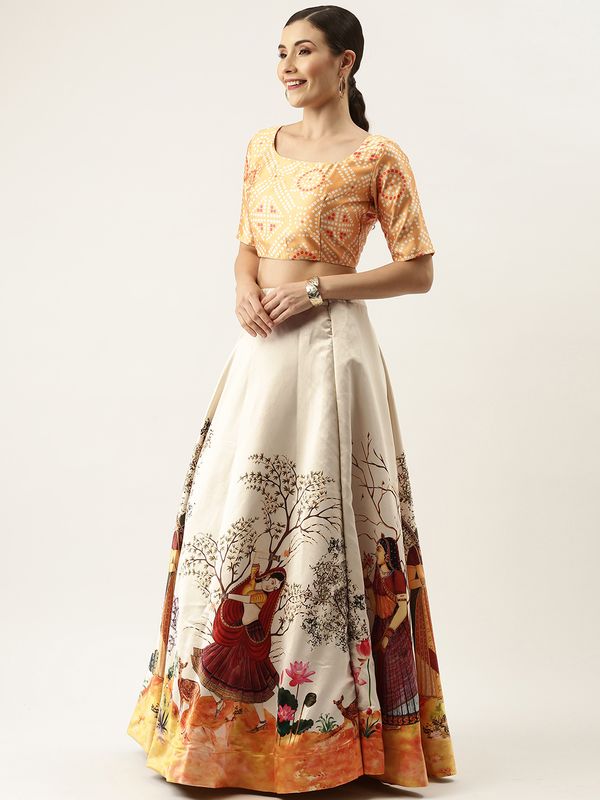 Digital Print Satin Silk Fabric Stitched Lehenga Choli With Jequared Blouse and Assami Silk Thread Work Dupatta For Women and Girls In Festive Party And Traditional Wear