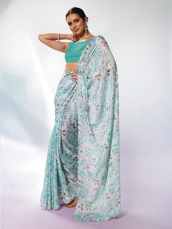 Sea Green Color Satin Georgette Fabric Designer Printed Graceful Bollywood Style Party Saree