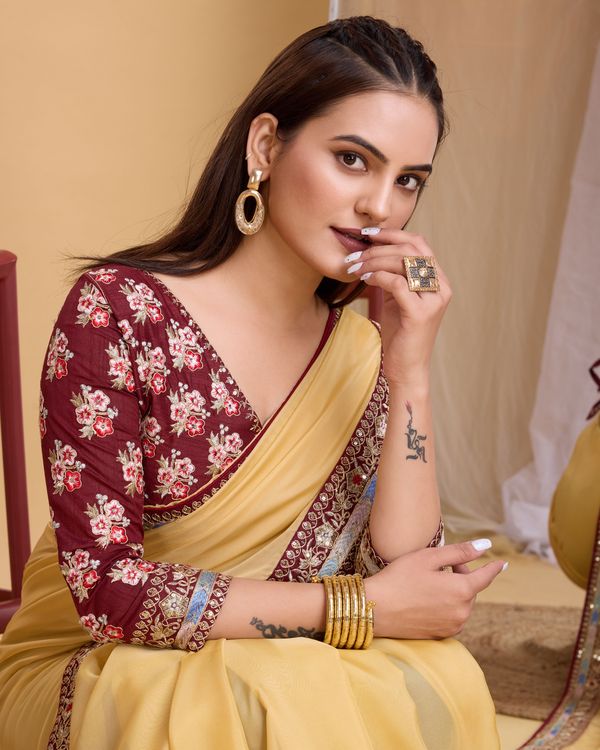 Yellow Heavy Embroidery Work Lace & Blouse Organza Saree