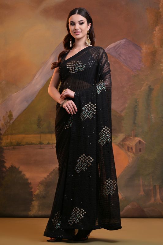 Black Designer Sequance Embroidery Work Georgette Saree