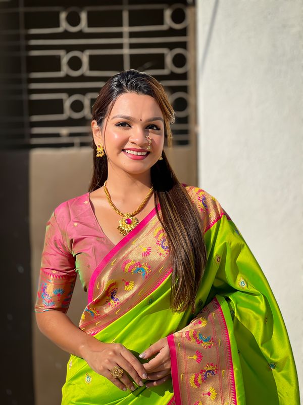 Parrot Green Weaving Meenakari Designer Soft Silk Saree