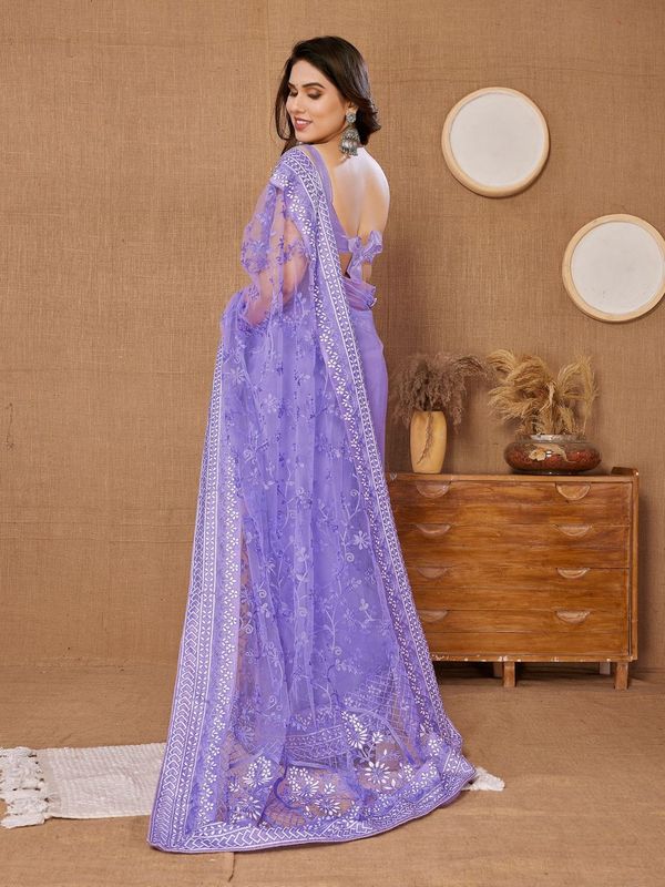 Voilet Designer Thread Embroidery Work Soft Net Saree