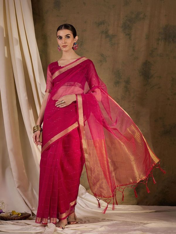 Pink Wevon Jari Pallu Border Designer & Sequance Lining Work Organza Silk Saree