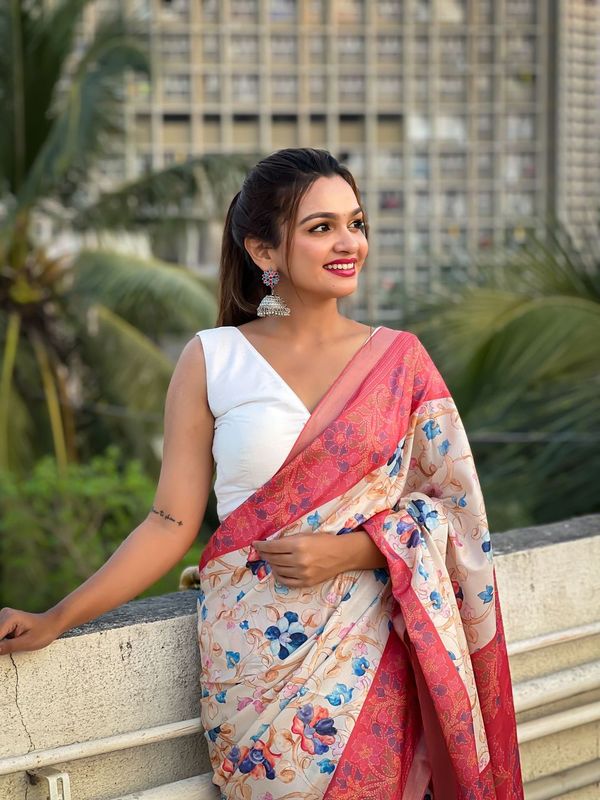 Red Color Tussar Silk Ethnic Wevon Jari Designer With Kalamkari Printed Saree