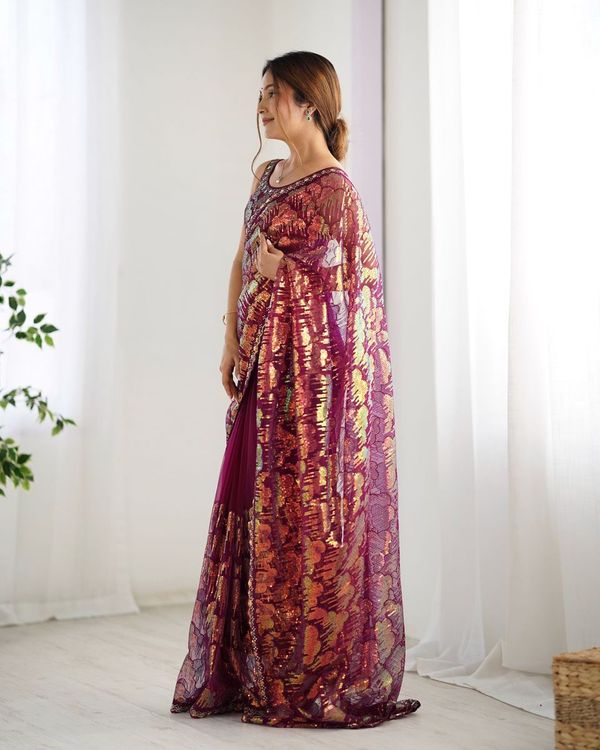 Wine Heavy Sequance Embroidery Work Mono Net Saree