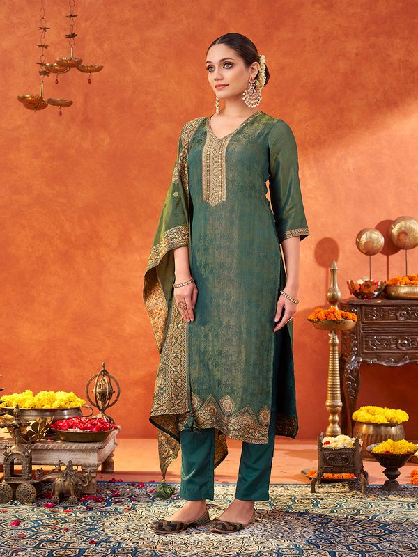 Teal Pure Gold Tissue Silk Kurtas