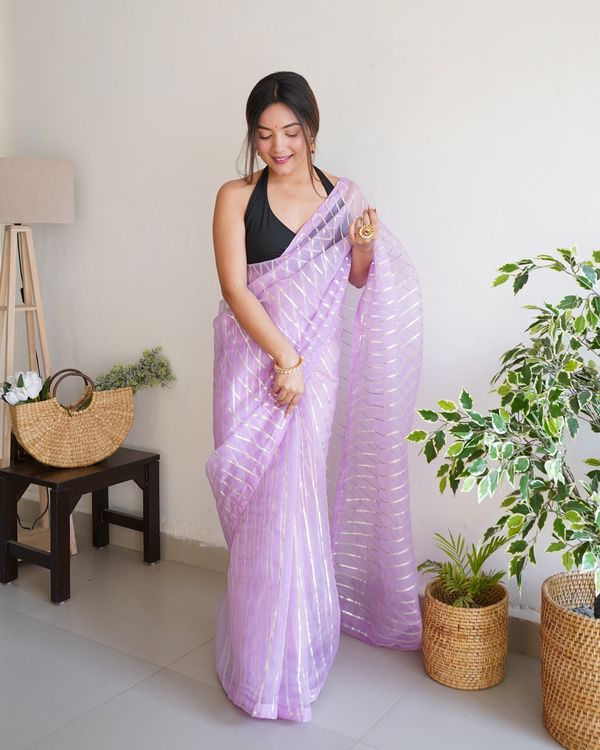 Lavender Silver Gota Embroidery Work Organza Saree