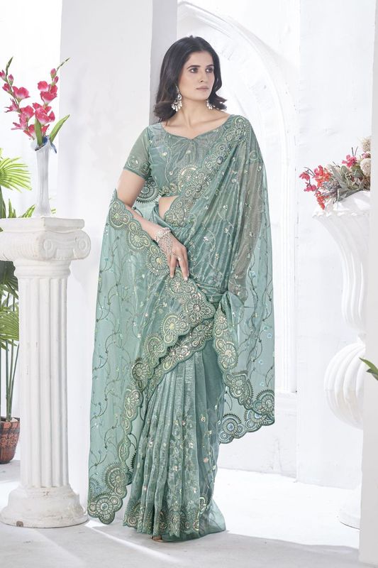 Grey Duble Sequance & Thread Embroidery Work Tissue Net Saree