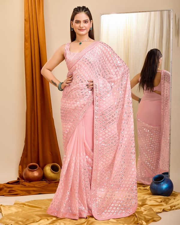 Pink Designer Sequance Embroidery Work Georgette Saree