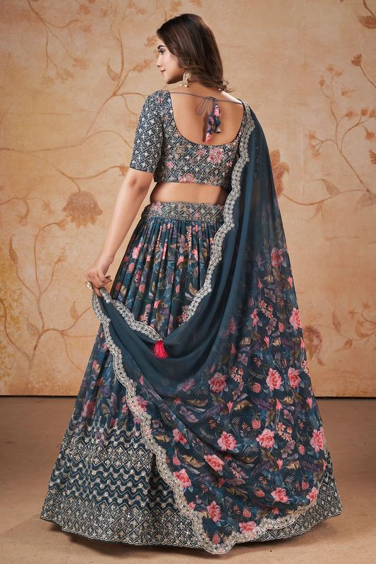 Digital Print Satin Silk Fabric Stitched Lehenga Choli With Jequared Blouse and Assami Silk Thread Work Dupatta For Women and Girls In Festive Party And Traditional Wear