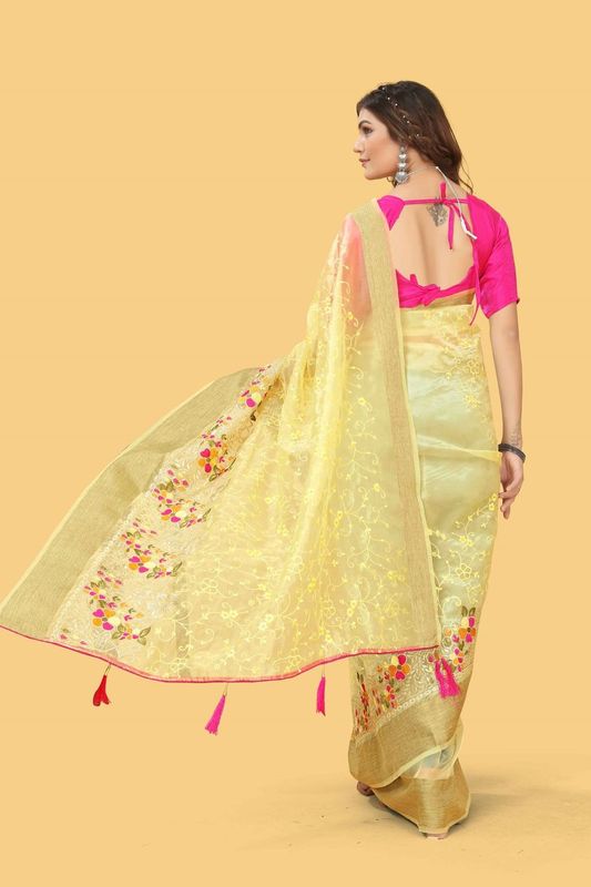 Yellow Wevon Jari Patta & Embroidery & Stone Work Organza Silk Saree