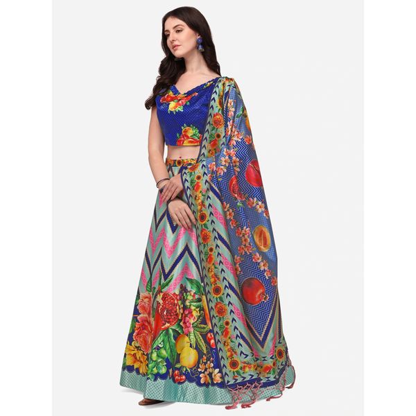 Digital Print Satin Silk Fabric Stitched Lehenga Choli With Jequared Blouse and Assami Silk Thread Work Dupatta For Women and Girls In Festive Party And Traditional Wear