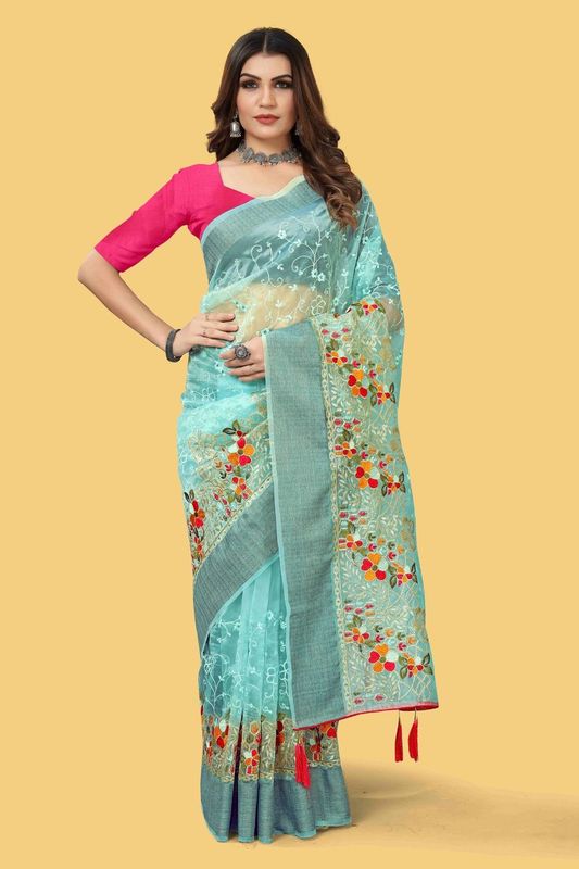 Blue Wevon Jari Patta & Embroidery & Stone Work Organza Silk Saree