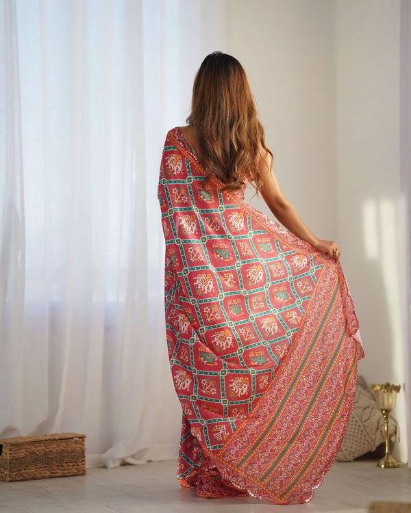 Red Designer Digital Printed & Mirror Cut Work Chinon Saree