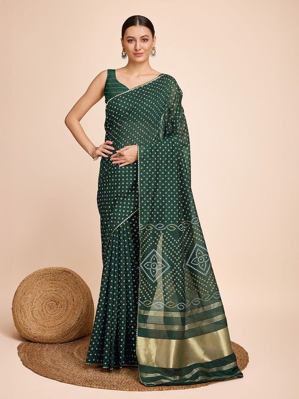 Green Weaving Designer & Bandhani Printed Faux Cotton Saree