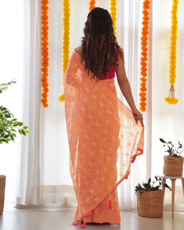 Orange Thread & Sequance Embroidery Work Satin Georgette Saree