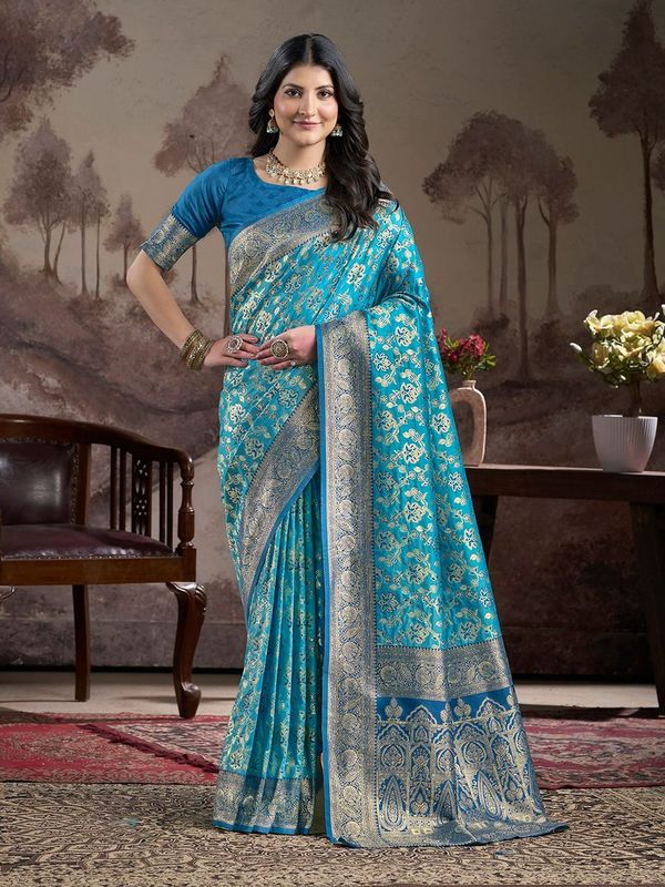 Blue Wevon Rich Pallu Designer Lichi Silk Saree