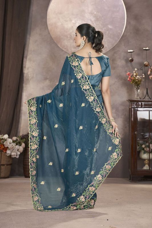 Blue Multy Thread & Sequance Embroidery Cut Work Gold Crunchy Saree
