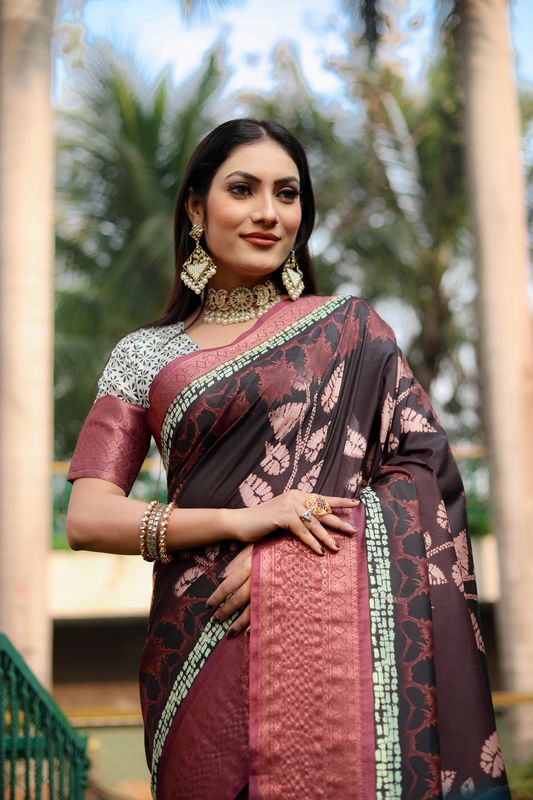 Coffee Wevon Border & Kalamkari Digital Printed Dola Silk Saree