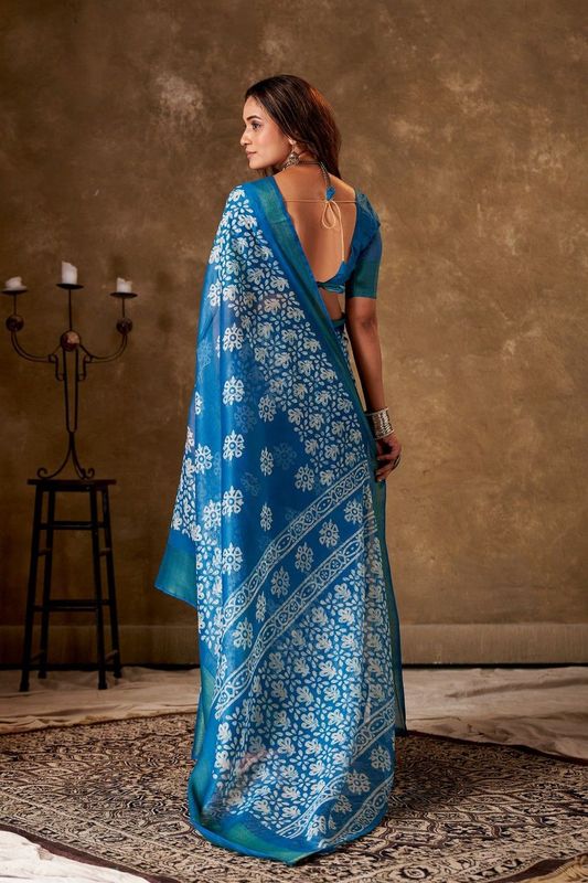 Blue Cotton Printed Saree and Stitched Blue Blouse