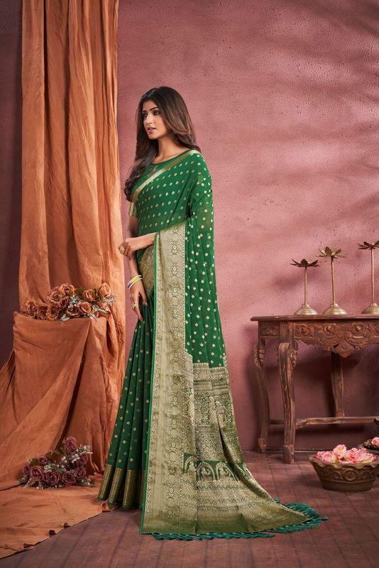 Green Georgette Woven Saree and Stitched Green Blouse