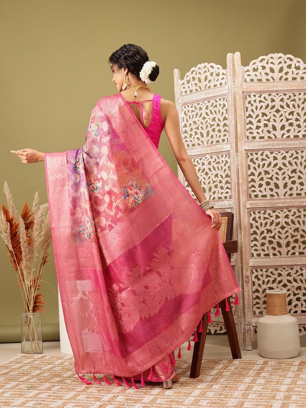 Pink Digital Printed Banarasi Cotton Zari Woven Saree