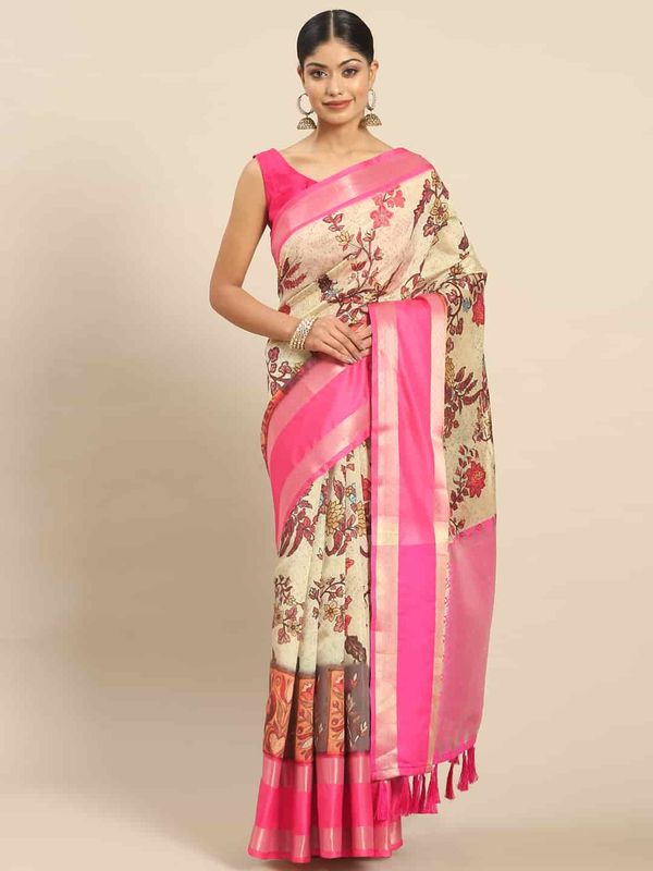 Beige Women's Kanjeewaram Digital Printed Saree