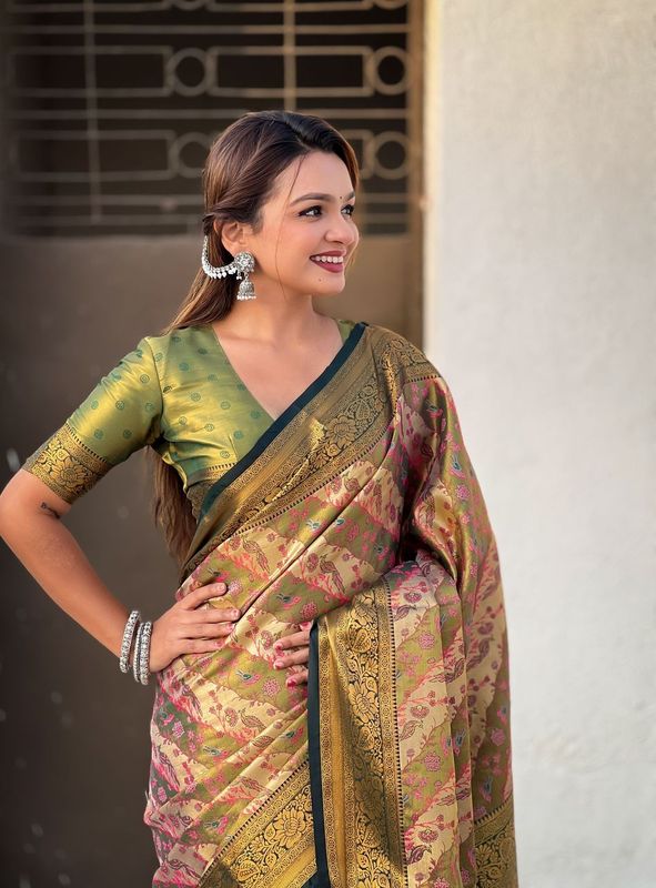 Green Color Dharmavaram Silk Wevon Laheriya Meenakari Designer Traditional Heavy Rich Looks Saree