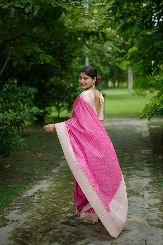 Pink Wevon Kantha Designer & Printed Tussar Silk Saree