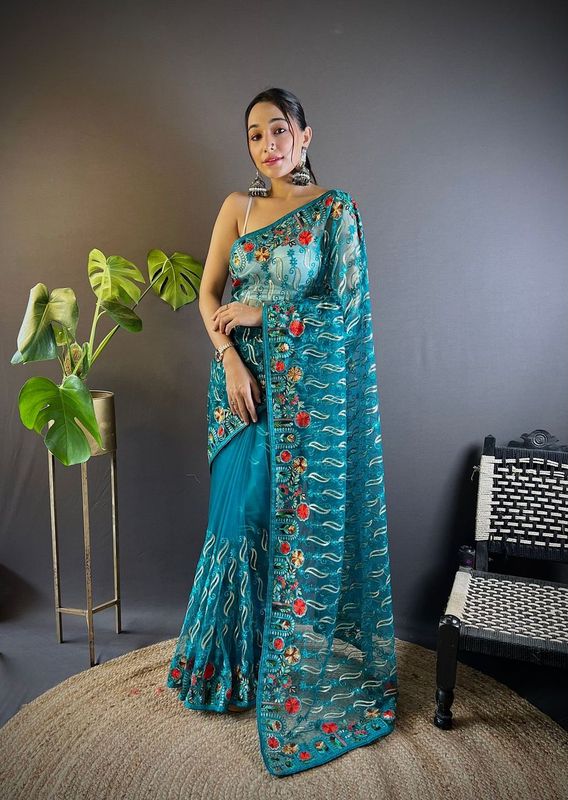 Rama Multy Thread Embroidery Work Butterfly Net Saree