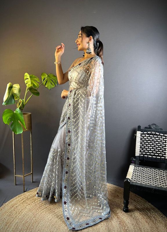 Grey Foil Thread Embroidery & Stone Work Butterfly Net Saree