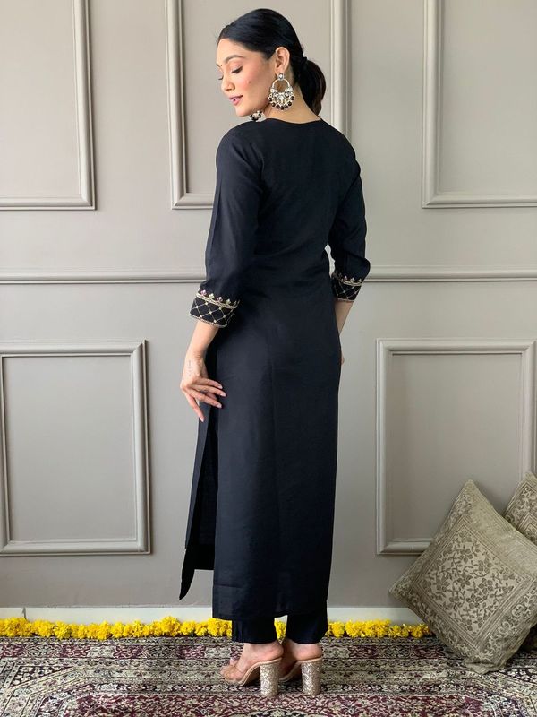 Black Chanderi Cotton Straight Kurta