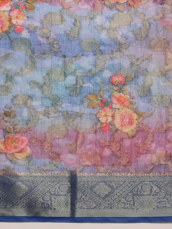 Blue Digital Printed Banarasi Cotton Zari Woven Saree
