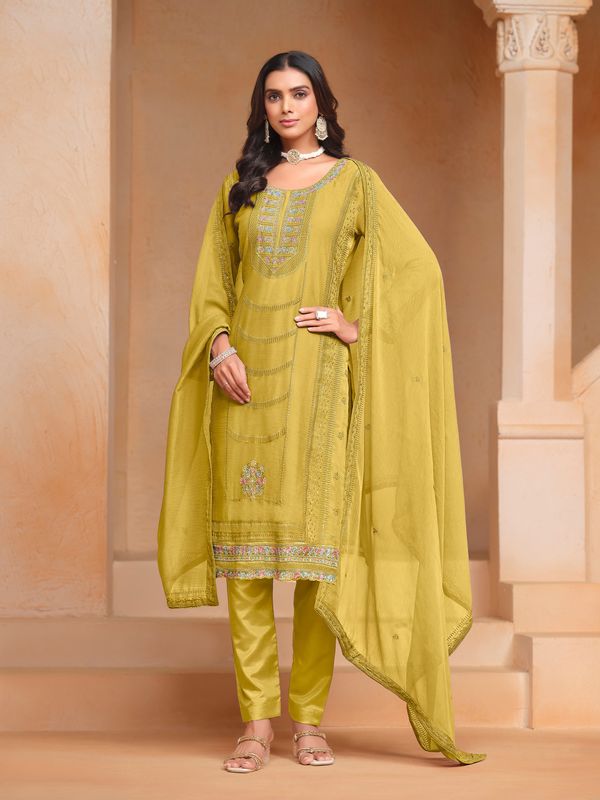 Yellow Organza Chiffon Designer Embroidery Work Heavy Looks Ceremonial Salwar Kameez