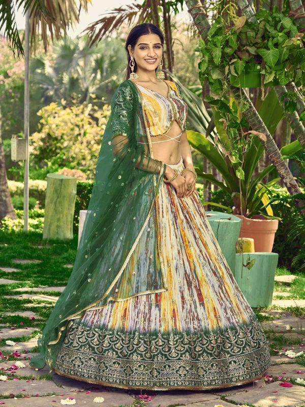 Green Women's Chinon Embroidery Lehenga Choli