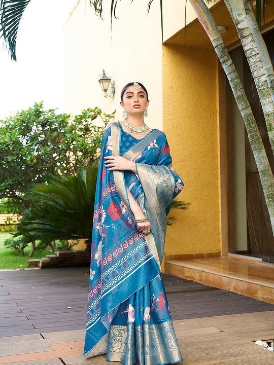 Blue Crepe Printed Saree and Stitched Blue Blouse