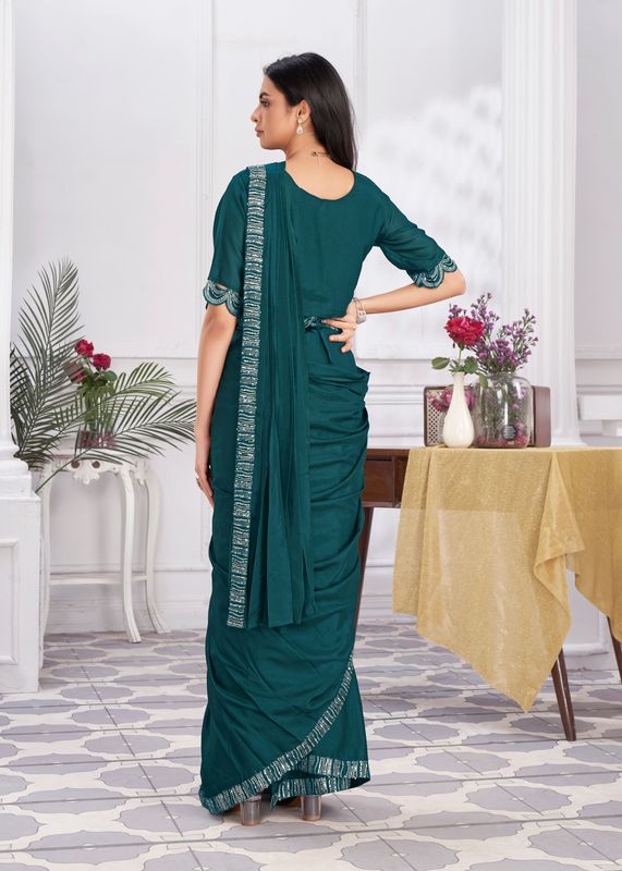 Turquoise Designer Sequance Embroidery & Hand Work Shimmer Georgette Saree