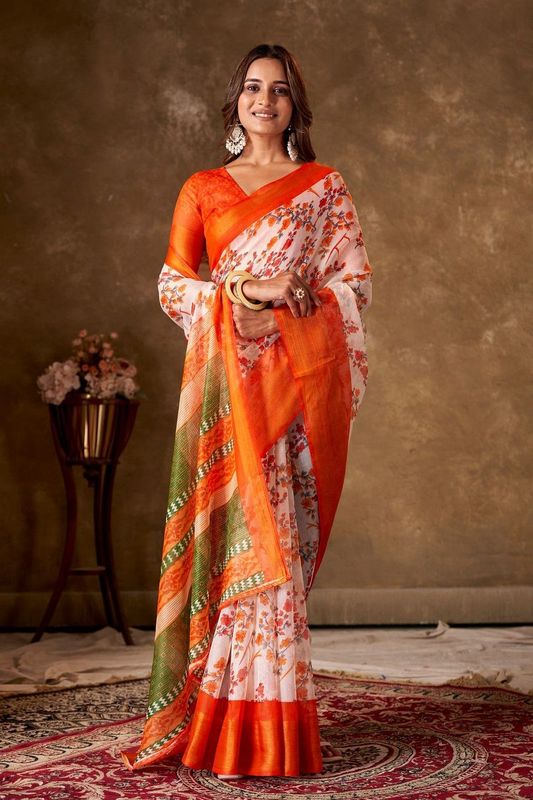 Orange Cotton Printed Saree and Stitched Orange Blouse