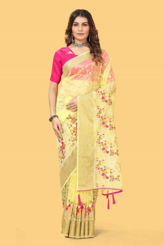 Yellow Wevon Jari Patta & Embroidery & Stone Work Organza Silk Saree