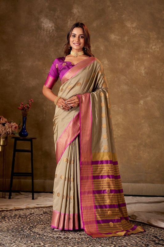Beige Cotton Striped Saree and Stitched Purple Blouse