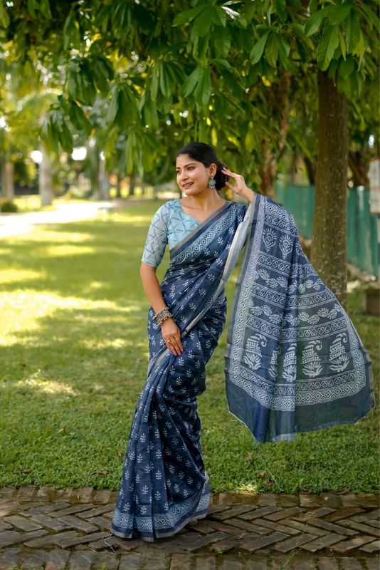 Blue Designer Digital Printed Cotton Saree