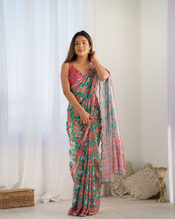 Green Designer Digital Printed & Mirror Cut Work Chinon Saree