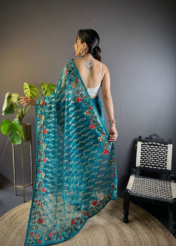 Rama Multy Thread Embroidery Work Butterfly Net Saree